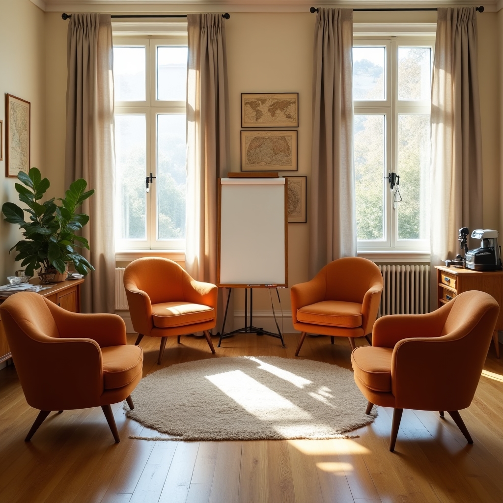 Sala de training Spring Whisper cu mobilier cald și echipament de filmare pentru exerciții de negociere